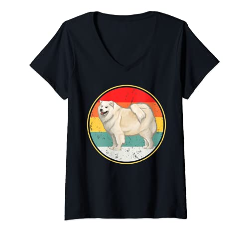 Womens Vintage Retro Sunset Samoyed Dog V-Neck T-Shirt, Black
