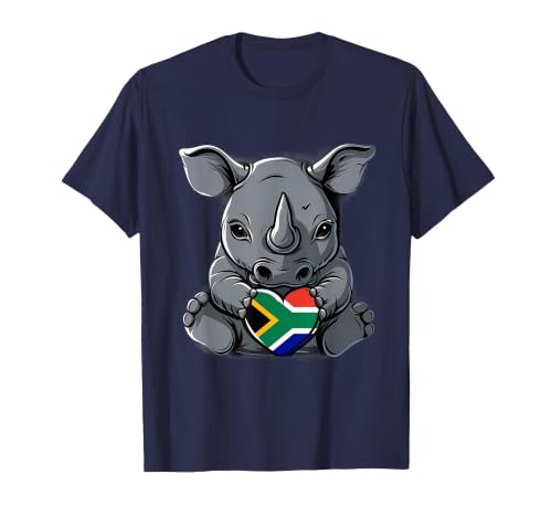 South Africa Flag Cute Rhino Heart South African Pride T-Shirt, Men, Navy Blue, XX-Large