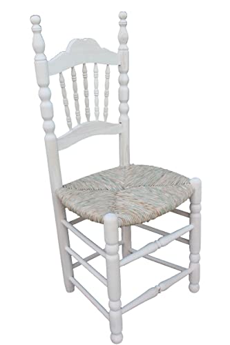 Sillas y Mesas Peña Silla Estilo Sevillano Asiento Tejido con Enea. Madera al Natural para Posterior Pintado. Ancho: 45cm / Fondo: 40cm Altura Asiento: 45cm / Altura Respaldo: 103cm