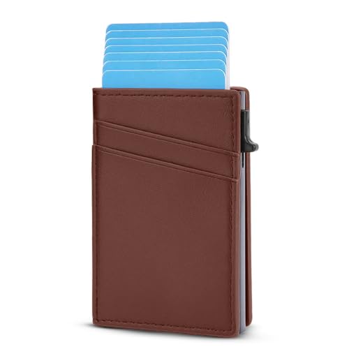 Image of VOGARD Pop-Up Card Holder for Men, RFID Blocking Slim Aluminium Case with Premium PU Leather, Automatic Card Ejector, Front Pocket Design (Tan)