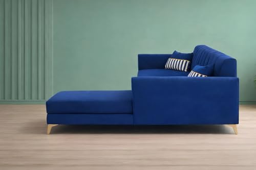 Image of Adorn India Premium Luster 8 Seater L Shape Sofa Set with 2 Puffy & 1 Center Table | Velvet Suede Fabric | 3-Year Warranty | RHS | Blue with Golden Legs & Striped Pattern Cushion