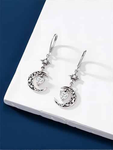 Moon Star Birthstone Dangle Drop Earrings for Women 925 Sterling Silver Black Crescent Moon Celestial Heart Earrings Hypoallergenic Gothic Jewelry Birthday Gifts4
