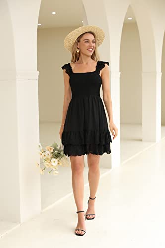 Kate Kasin Women's Ruffled Sleeve Square Neck Summer Babydoll Dress Double Layer Lace Floral Spliced Flowy Mini Dress Black M #TOP6