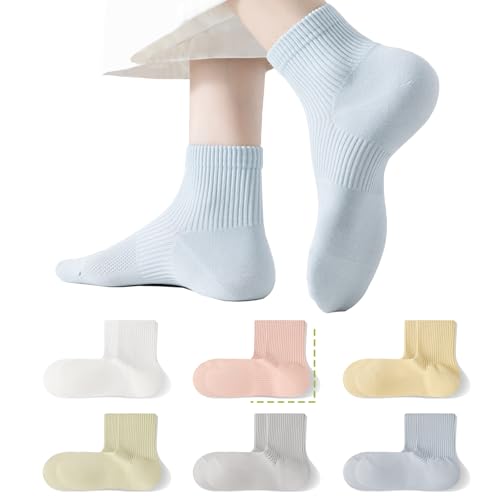ZULY Womens 6-Pack Antibacterial Cotton Crew Socks - Moisture Wicking Breathable Seamless Toe - Light Gray Pink Sky Blue Lavender Mint Green Cream Yellow Mix