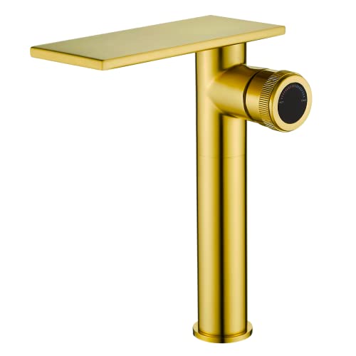 Becola Modern Brushed Gold Tall Waterfall Basin Mixer Tap with Adjustable Knobs and Two Supply Lines