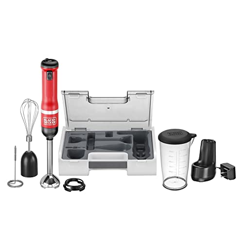 BLACK+DECKER Batidora de inmersión inalámbrica, juego de herramientas 3 en 1, batidora de mano con base de carga, batidor y espumador de leche, rojo (BCKM1013KS06)