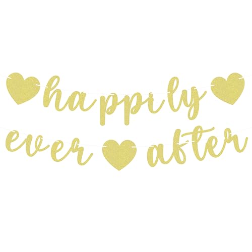 Image of Pre-Strung Happily Ever After Banner - Gold Glitter Bachelorette Bridal Engagement Party Decoration Supplies, Bachelorette Wedding Party Banner for Engagement, Bridal Shower, Wedding Party Photo Booth Props