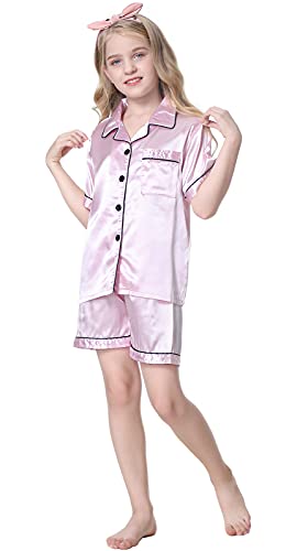 Schbbbta Girls Silk Pajamas Sets Satin Button Down Short Sleeve Sleepwear, Baby Pink, 7-8 Years2
