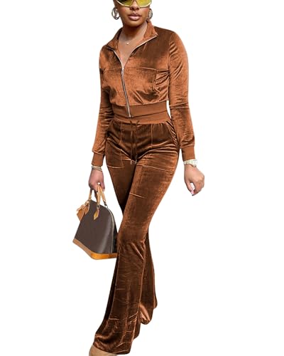 FIVCAT Trajes de terciopelo para mujer, 2 piezas, trajes de chándal de manga larga con cremallera, pantalones acampanados, lindo traje casual a juego, Marrón, S
