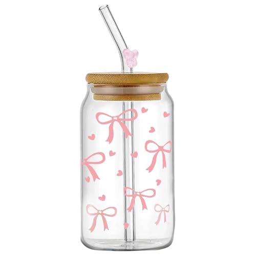ESYFOR Glass Cups with Lids and Straws – 16 oz Elegant Ribbon Design ESYFOR Glass Cups with Lids and Straws – 16 oz Elegant Ribbon Design