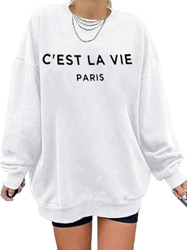 Zoyami Womens Oversized Sweatshirt C'est La Vie Graphic Long Sleeve Top Pullover Crewneck Sweaters Cest White Large