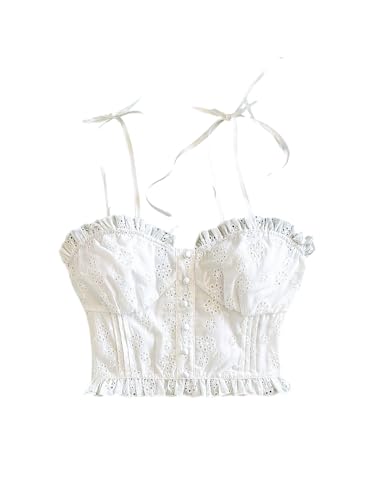SweatyRocks Women's Tie Shoulder Eyelet Embroidery Crop Top Frilled Button Front Smocked Tops