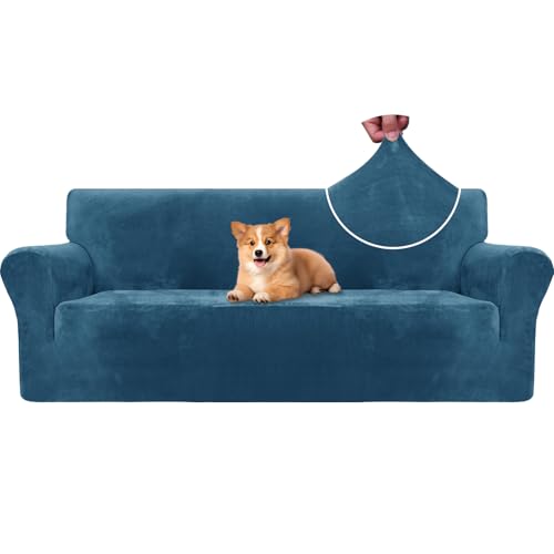 CYCMACO Terciopelo Funda Sofa 3 Plazas Ajustable Y Elastica, Funda De Sofa Antideslizante Antimanchas, Universal Couch Cover Protector, con Reposabrazos, Lavable, Azul Peacock