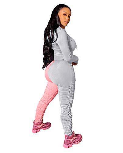 PINSV Women's 2 Piece Outfits Long Sleeve Pullover Hoodie Workout Sets Loungewear Sweatsuit Grey Pink XL - Thumbnail 3