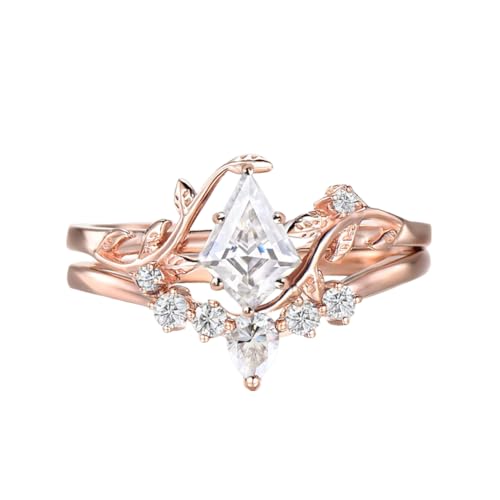 Kite Cut Gemstone and Moissanite Wedding Ring Sets for Women 10K 14K 18K Gold Platinum Plated Moss Agate/Emerald/Morganite Bridal Ring Sets for Her