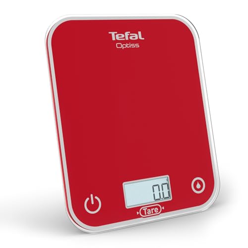 Tefal Optiss, Báscula Electrónica de Cocina, Pantalla Retroiluminada de Fácil Lectura, Resistente a los Arañazos, 5k g de Capacidad, Color Rojo, BC50U3V0