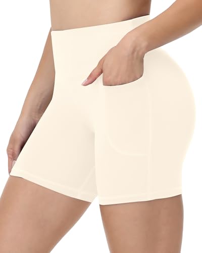 Runhit Yoga Shorts with Pockets for Women - 5'' High Waisted Biker Workout Gym Athletic Compression Spandex Tummy Control Shorts Cream