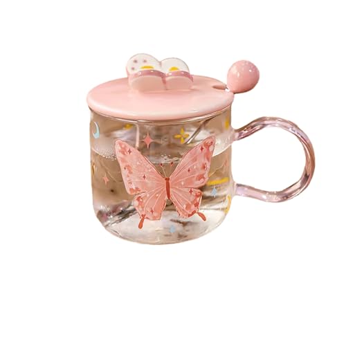 Yawdil Taza de vidrio resistente al calor con tapa, 500 ml, diseño de mariposa rosa, taza de cerámica de borosilicato alto, taza de café con leche para suministros para el hogar