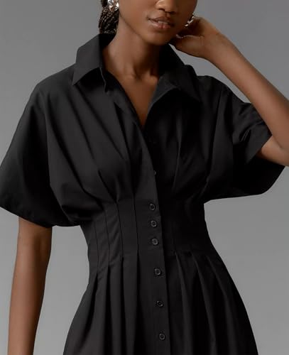 Image of Women's Striped Button Front Pleated Maxi Shirts Dress Short Sleeve Collar V Neck Summer Casual Corset Long Dress
