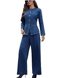MATSUMIZUYU Denim Two Piece Outfits for Women Button Down Long Sleeves Shirt and Wide Leg Jean Pants Sets Dark Blue-XL