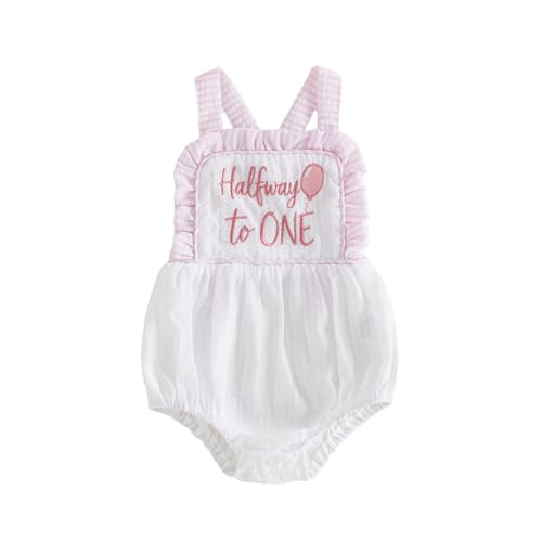 Lamuusaa Half Birthday Outfit Baby Boy Girl Half Way to One Balloon Romper Sleeveless Backless Bodysuit Cake Smash Outfit (Pink 6-12 Months)
