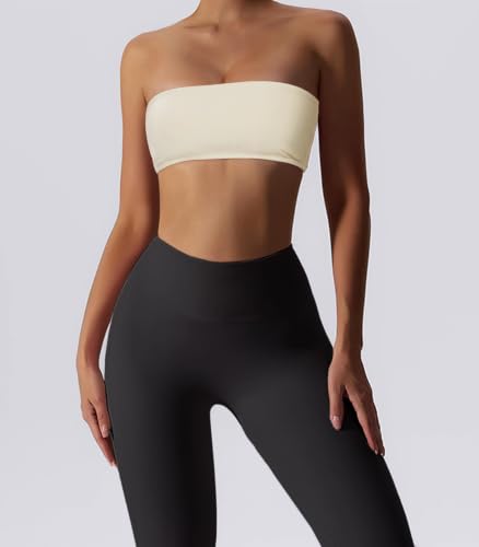 Image of Boudaner Women's Padded Bandeau Sports Tube Top Bra Strapless Yoga Bralette | Seamless Wireless Invisible Bra, Non-Slip Soft Solid Top for Gym Daily Going Out Workout Wear