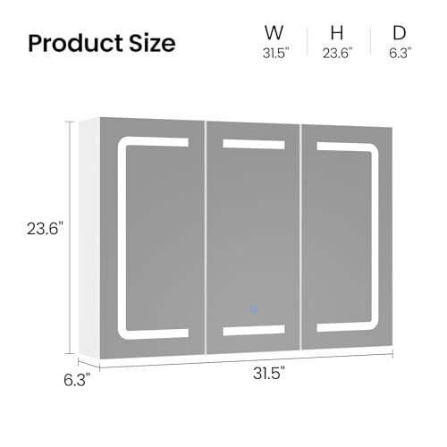 Hasuit Medicine Cabinet Organizer with Mirror, Lighted Bathroom Medicine Cabinet with Storage, 3 Doors Bathroom Wall Cabinet with LED Lights, Adjustable Shelves & Outlets, 31.5\'\' x 23.6\'\', White