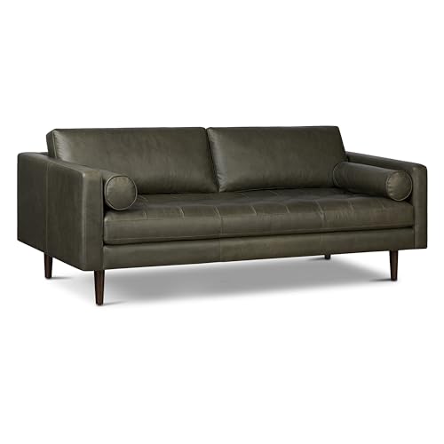 Image of Poly & BARK Napa 88.5 inch Leather Sofa - Full-Grain Italian-Tanned Aniline Leather, Feather-Down Comfort, Solid Wood Frame, Walnut Legs, Olivine Green