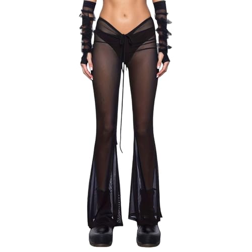 Generisch Pantalones transparentes para mujer, de malla rave, sexy, transparente, acampanados, para festivales, cintura baja, elásticos, transpirables, para discoteca, calzoncillos, 02 negro., XL
