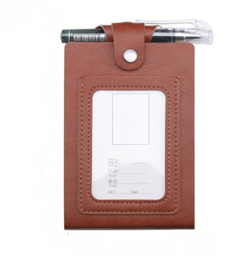 RunsweatPUレザー会議用メモ帳 ネックノートパッド IDスロットとペン付き 3.5 x 5.1インチ (ブラウン)