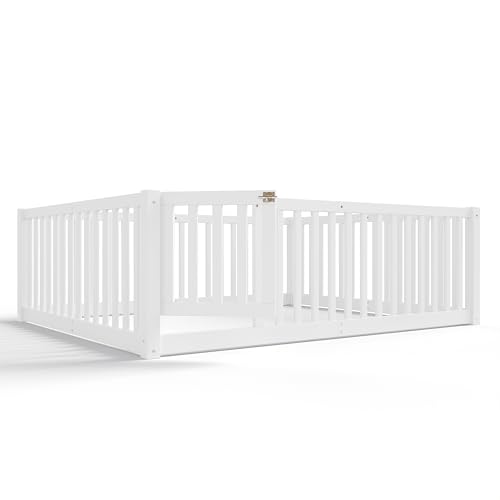 Image of Bellemave Full Size Kids Montessori Floor Bed with Door,Solid Wood Floor Bed Frame with High Fence for Girls,Boys,White