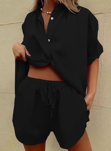 Image of Fixmatti Women 2 Piece Outfits Long Sleeve Button Down Blouse and Shorts Sweatsuit Sets