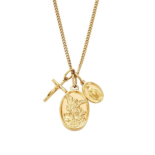 CRAFTD - Jesus & Mary Pendant Necklace - A Symbol of Faith - 20.5 (2mm) Cuban Link Chain - Mens Jewlery - Hypoallergenic - Waterproof Heat & Sweat Resistant - One Size - Gold