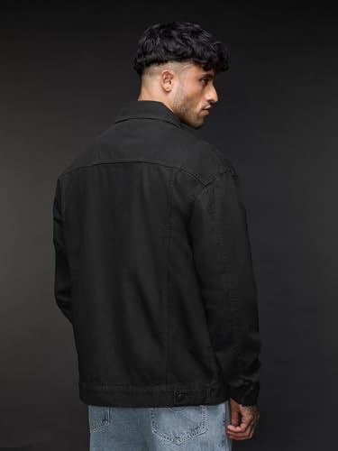 Image of The Souled Store Denim Jacket: Onyx Men and Boys Full Sleeves Spread Collar Black Solid Cotton Oversized Fit Durable Lightweight Everyday Denim Jacket