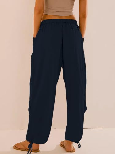 Image of Women's Linen Balloon Barrel Beach Pants Boho Harem Flowy Drawstring Casual Loose Pants with Pockets