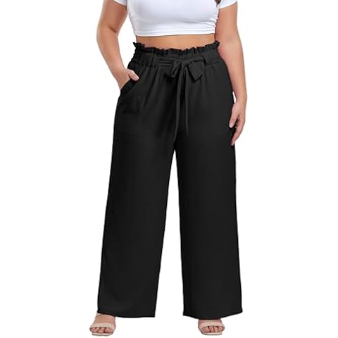 OLRIK Women's Casual Plus Size Pants High Waisted Lounge Pants Straight Long Trousers Black-2X Cover
