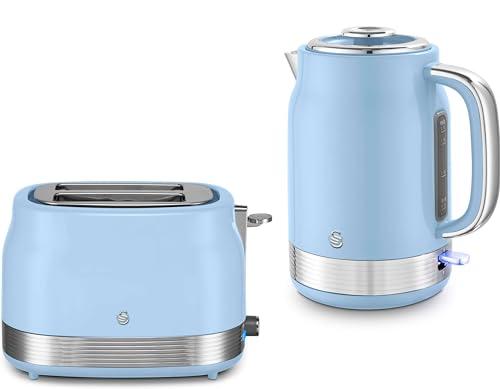 Swan Retro Revive Blue 1.7L 3KW Jug Kettle & 2 Slice Toaster. Matching Retro Design Kettle & Toaster Set in Blue with Chrome Accents