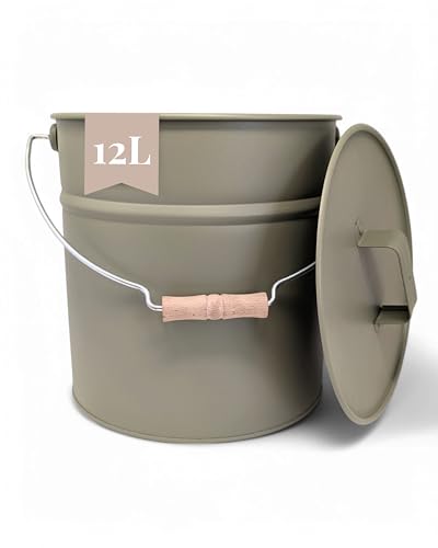 LIVLIG Cubo de cenizas con tapa, 12 L, color gris musgo, cubo galvanizado con tapa para chimeneas modernas, calidad premium de Europa, accesorios elegantes para chimenea para guardar las cenizas de