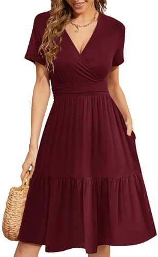 Image of Women's Casual Summer Dress V Neck Short Sleeve Flowy Stretchy Comfort Fit for Daily Wear Work Midi Dresses