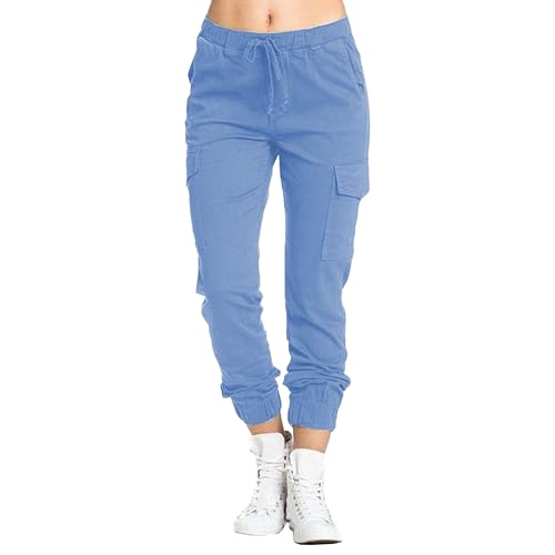 Women's Cargo Elastic Waist String Side Pocket Pants Casual Drawstring Tie Loose Jogger Solid Tapered Trousers