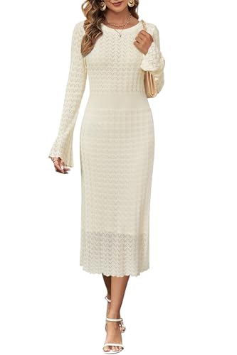 Image of Newshows Women's Hollow Slim Summer Fall Church Work Casual Sweater Dress | Machine Washable Knit Sweater Fabric, Hollow Design, Bell Sleeve, Business Casual, Church Teacher Outfits, Modest Dress