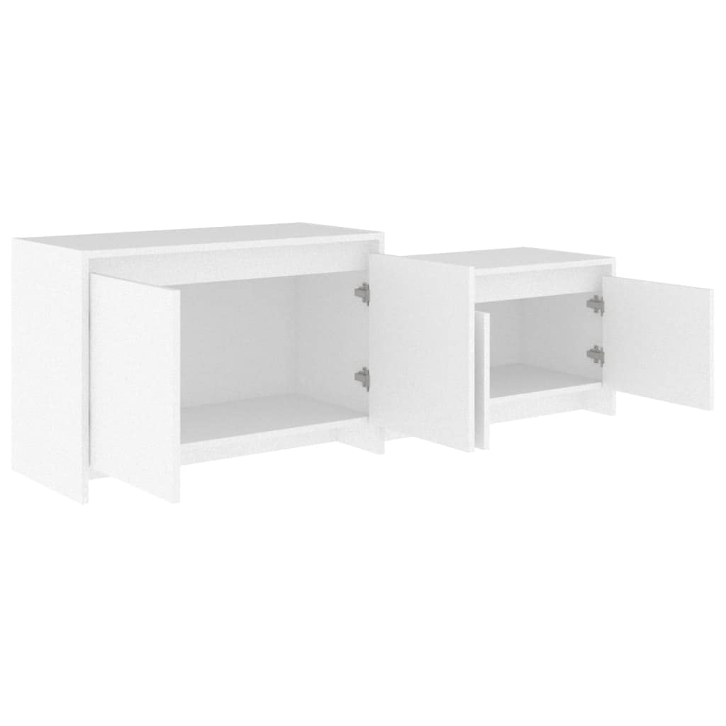 Szafka TV biała 146,5 x 35 x 50 cm, materiał drewnopochodny, 4 drzwi, trwała, do salonu, konsola medialna, uniwersalna podstawka pod telewizor, łatwy montaż