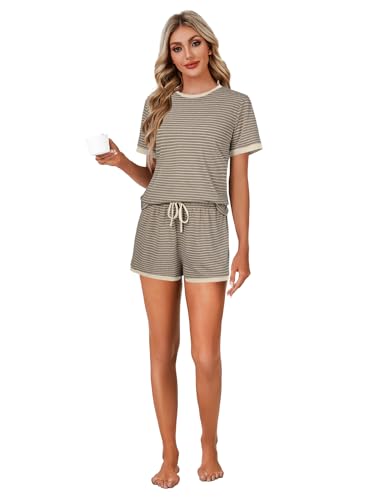 Image of LYANER Pajama Set for Women 2 Piece Lounge Set Striped Crew neck Short Sleeve Tops and Shorts Soft Sleepwear