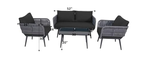 Image of LOCCUS 4-Piece Outdoor Rope Patio Furniture Set - All-Weather Waterproof Conversation Set with Cushions, Modern Woven Bistro Set for Balcony, Lawn, Garden, or Terrace (Black & Grey)