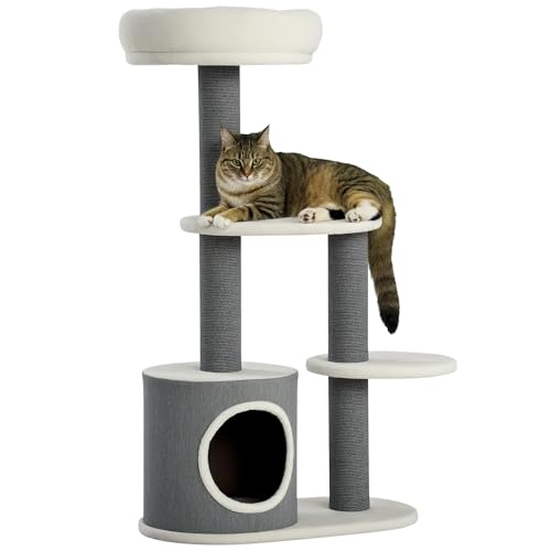 PawHut Albero per gatti con Lettino, Casetta e Tiragraffi, 55.5x30.5x98 cm, Bianco