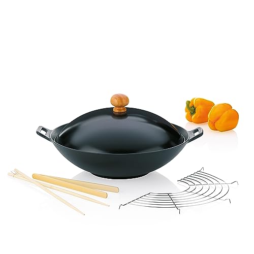 kela Gusseisen Wokpfanne mit Deckel 36 cm ASIA, Wokset mit Dünstrost, Stäbchen, Holzzange, 4,5L Wokpfanne Induktion