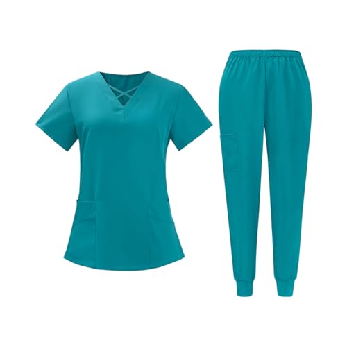 Scrub Sets for Woman Medical Essential Jogger Nursing Uniform Quick Dry Stretch V-Neck Top & Drawstring Cargo Pants Workwear(3-Turquoise,X-Large)
