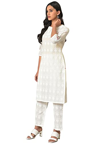 Image of W for Woman White Floral Print Cotton Co-Ord Kurta Set With Slim Pant For Women