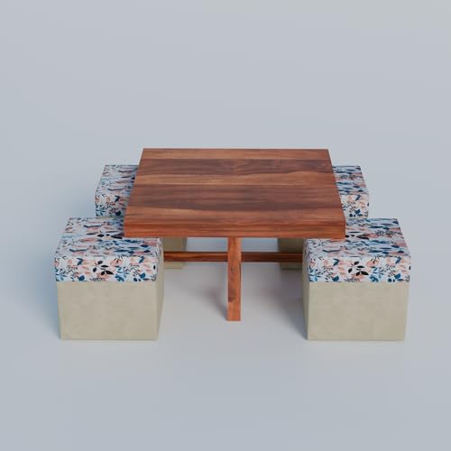 Image of Soild Sheesham Wood Centre Coffee Table with 4 Stools for Living Room Hall Bedroom Office | Wooden Center Coffee Table for Outdoor Garden Home |