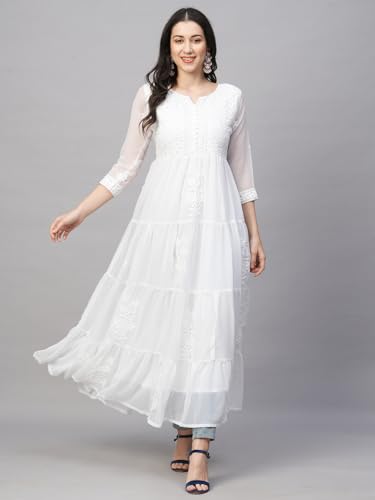 Image of RATAN Women's Solid Georgette Tiered Chikankari Flared Kurti Gown Maxi Dress